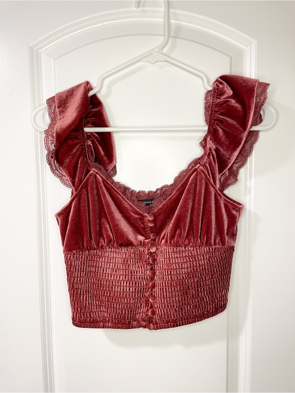 Forever 21 Pink Velvet Lace Smock Crop Top